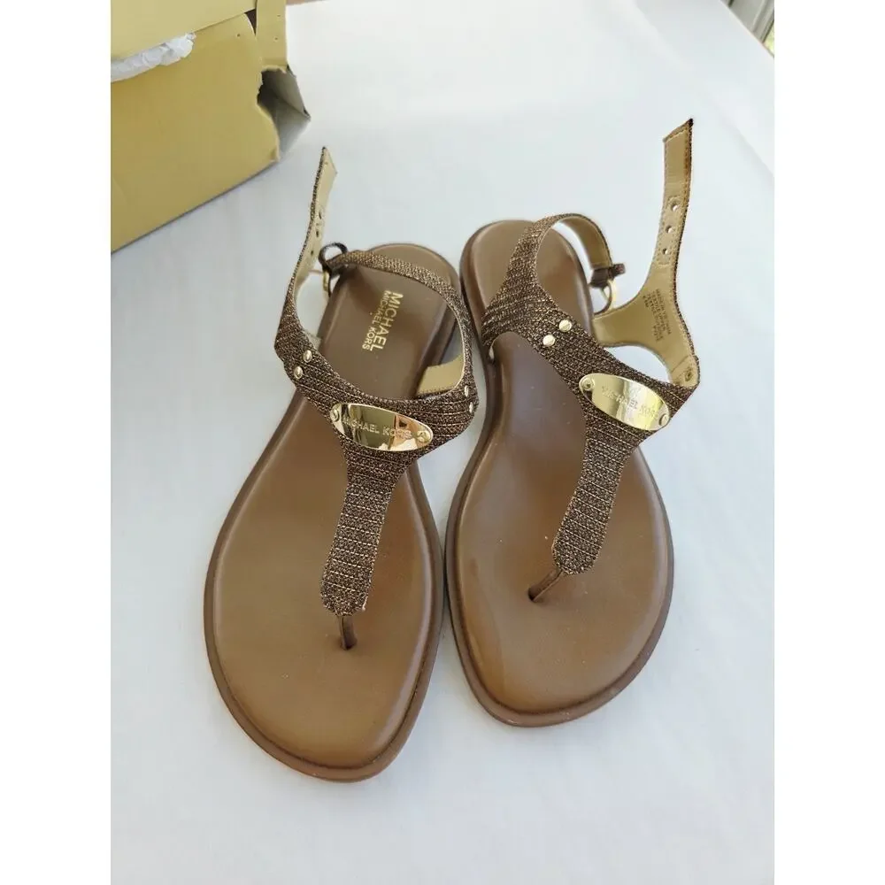 NIB NEW Women's 6.5 MICHAEL KORS Plate Slingback Thong Sandals Monogram Copper